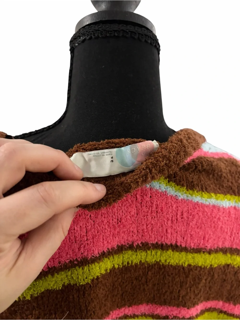 Striped V-Neck Plush Sweater in Brown, Pink, Blue & Green - Picture 3 of 6